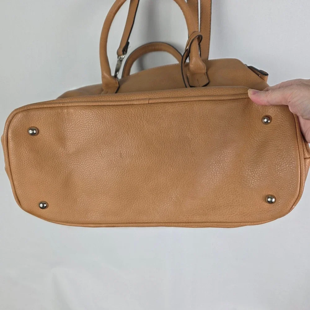 London Fog Tan Pebbled‎ Vegan Leather Satchel Crossbody Bag Blue Trim